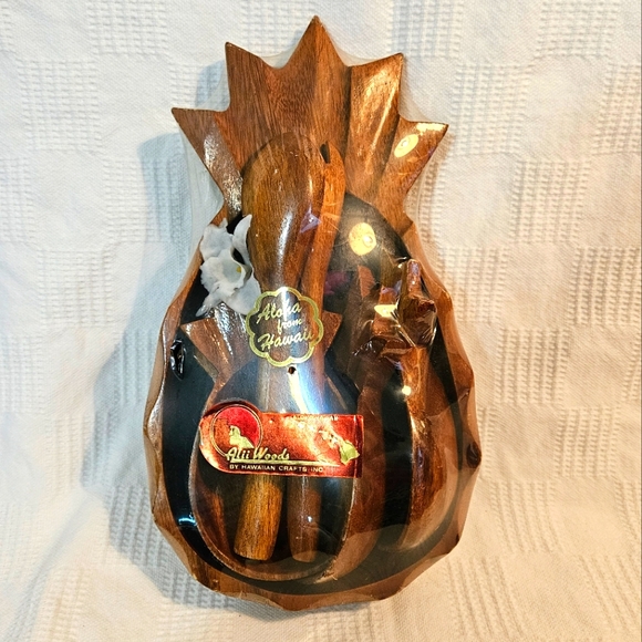 Vintage Monkey Pod Pineapple Bowl Set NEW Old Stock Hawaii Souvenir MCM - Picture 2 of 3